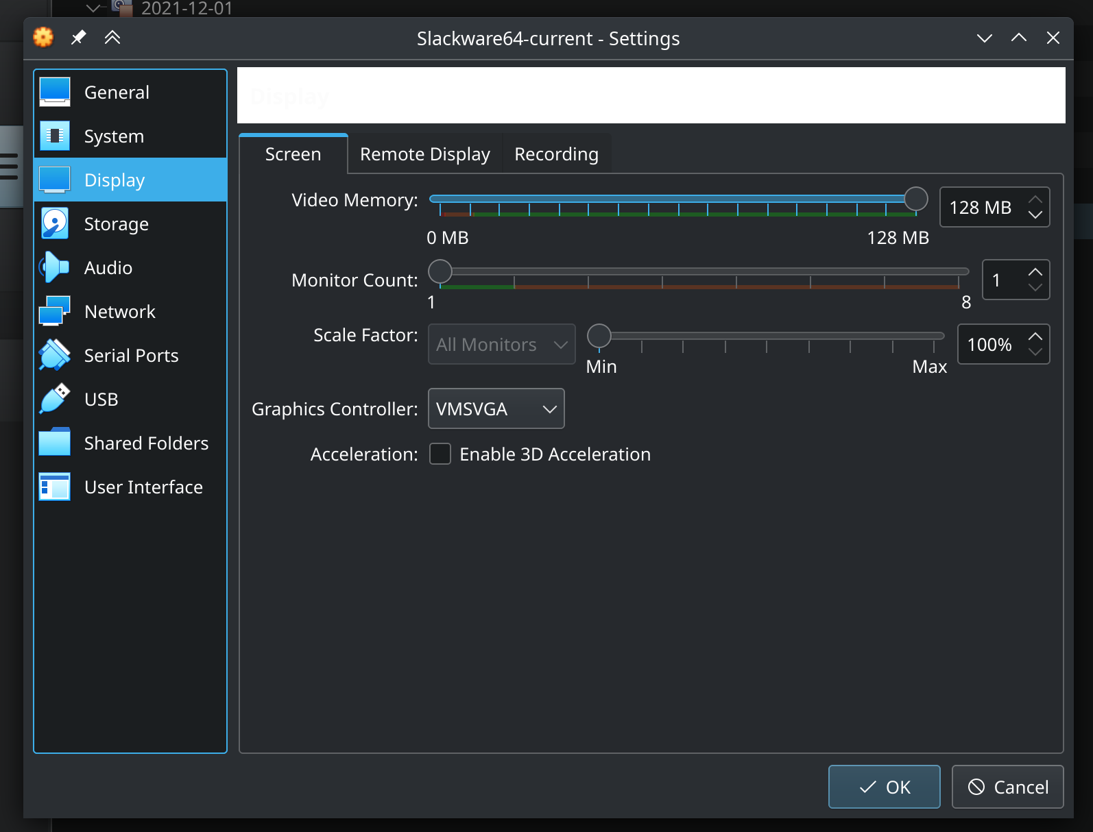 VirtualBox Display Settings